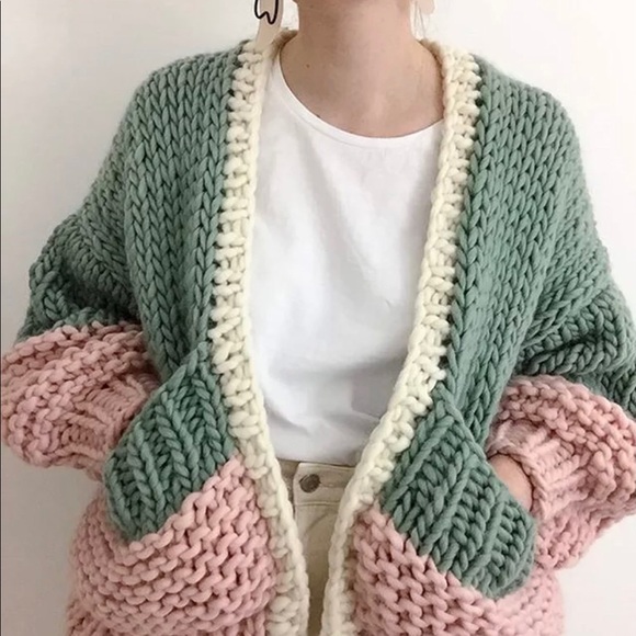 Cardigan sweater boho knit puff sleeve thick chic chunky green pink - Picture 7 of 14
